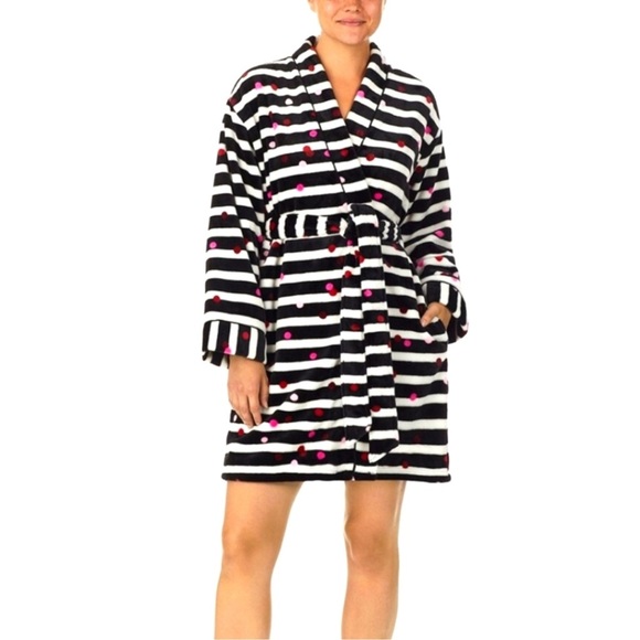 Kate Spade Striped Black and White Robe with Pink Dots Size M - Picture 9 of 9